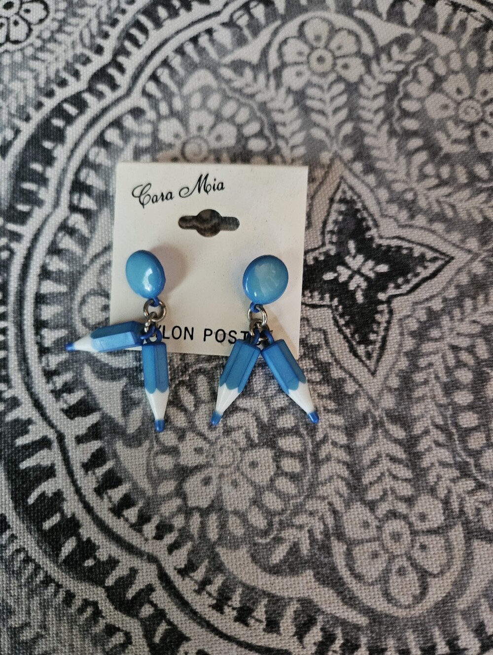 Vintage Cara Mia Blue Colored Pencil Dangle Earrings